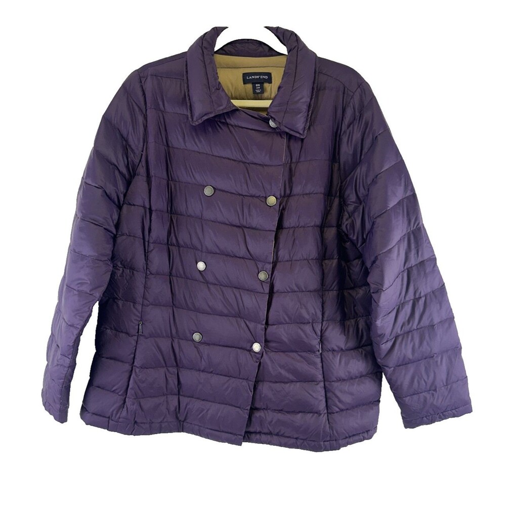 Lands End Down Jacket Purple Double Breasted Snap Collar Lightweight Women 0X 14